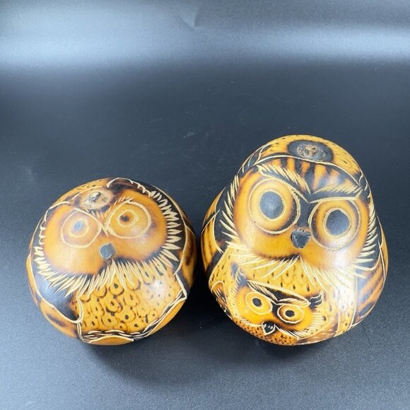 Artisan Handmade Peruvian Painted Carved Bird Owl Decorative Gourd Set 2 Figure - Picture 6 of 10